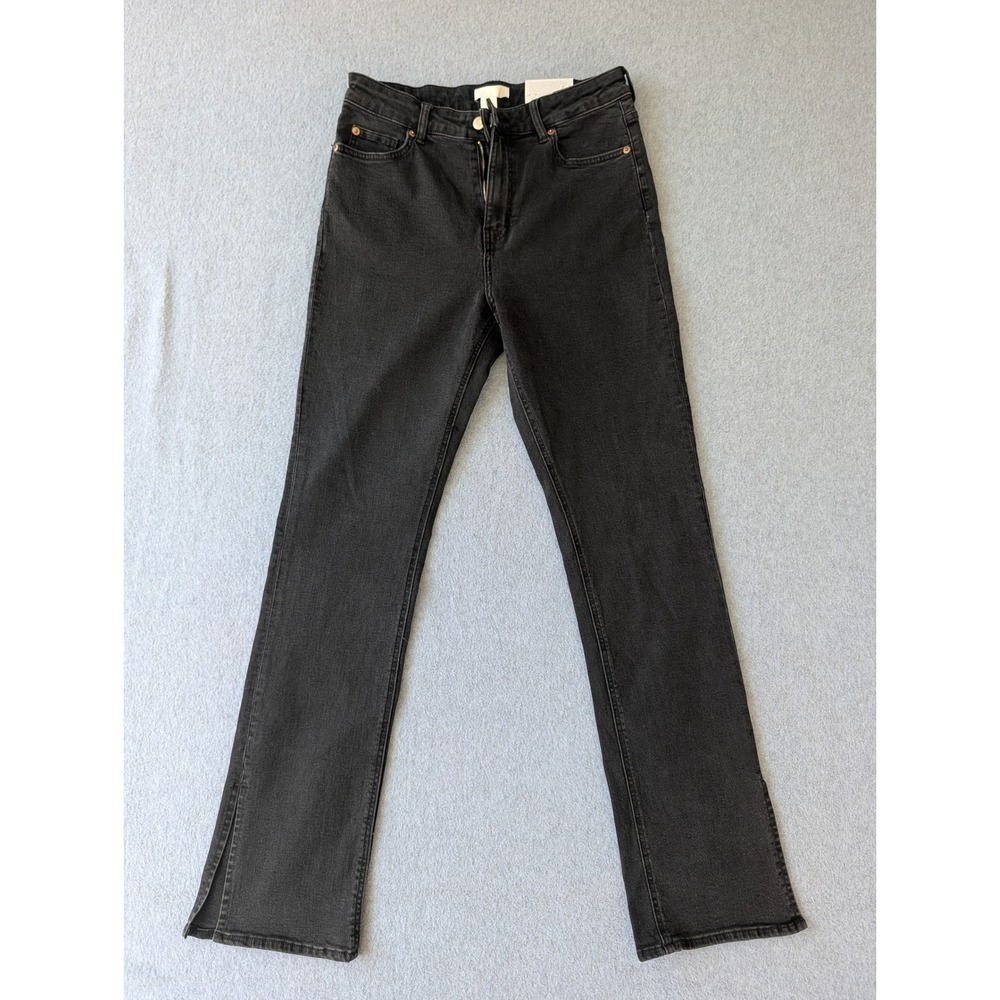 HM Jeans Womens High Waist Flare Split Hem Black Washed Denim Size 12 NEW